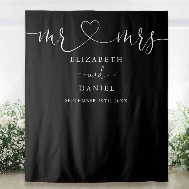 Black And White Mr And Mrs Heart Script Wedding Tapestry (Black And White Mr And Mrs Heart Script Wedding Tapestry)