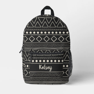 Black and White Mudcloth Monogram Name Printed Backpack