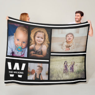 Black and White Multiple Photos Custom Monogram Fleece Blanket