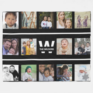 Black and White Multiple Photos Custom Monogram Fleece Blanket