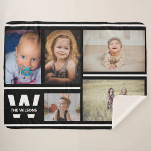 Black and White Multiple Photos Custom Monogram Sherpa Blanket
