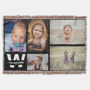 Black and White Multiple Photos Custom Monogram Throw Blanket