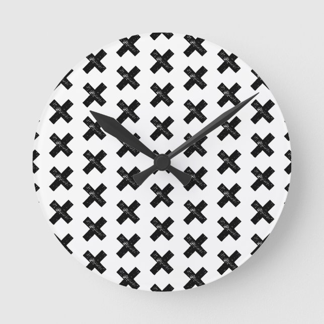 Black and White "Multiply" Math Symbol Lino Cut Round Clock (Front)