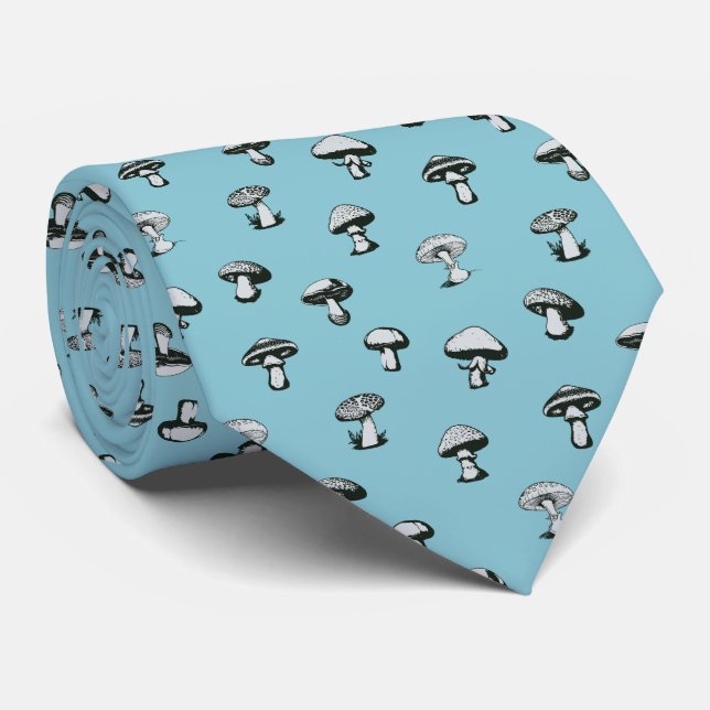 Black and White Mushrooms on Solid Blue Background Tie (Rolled)