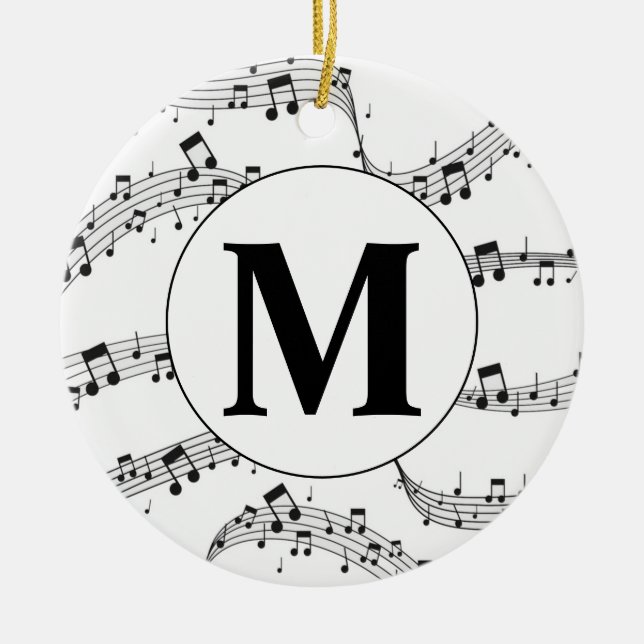 Black and White Music Note Monogram  Ceramic Tree Decoration (Front)