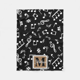 Black and White Music Note Musician Monogram   Fleece Blanket