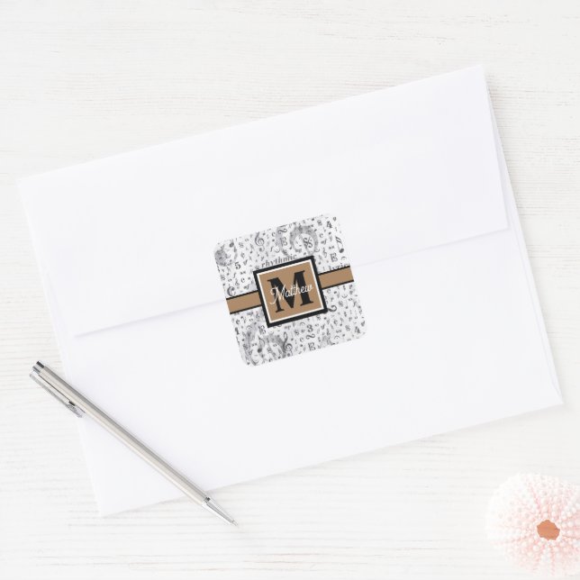 Black and white Music note Musician Monogram    Square Sticker (Envelope)