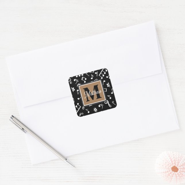 Black and White Music Note Musician Monogram   Square Sticker (Envelope)