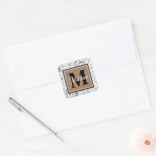 Black and White Music note Musician Monogram  Square Sticker (Envelope)