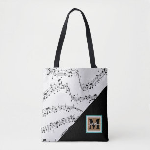 black and white Music note Musician Monogram Tote Bag