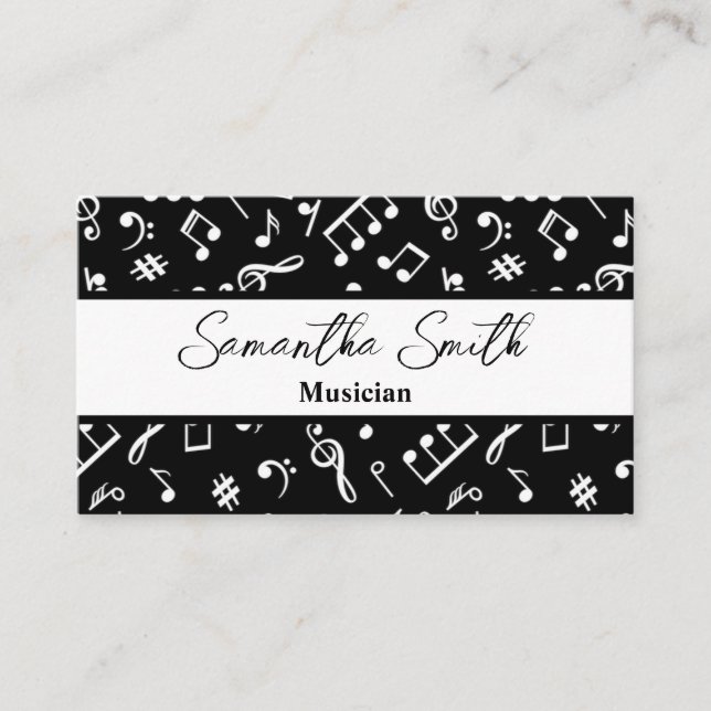Black and White Music note Musician Music Teacher Business Card (Front)