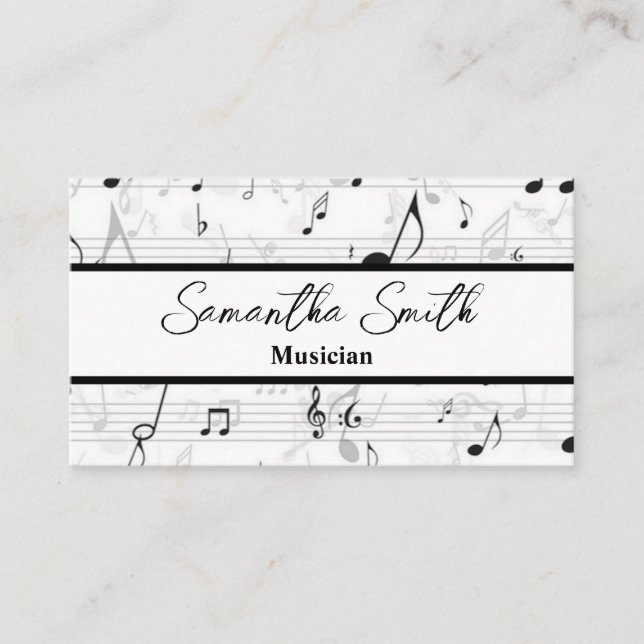 Black and White Music note Musician Music Teacher Business Card (Front)