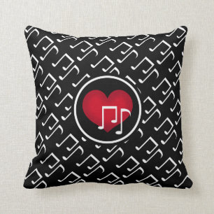 Black and white music notes and red heart cushion