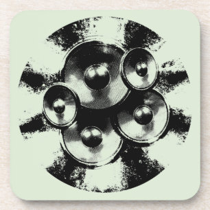 Black and white music speakers in a circle coaster