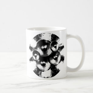 Black and white music speakers in a circle coffee mug