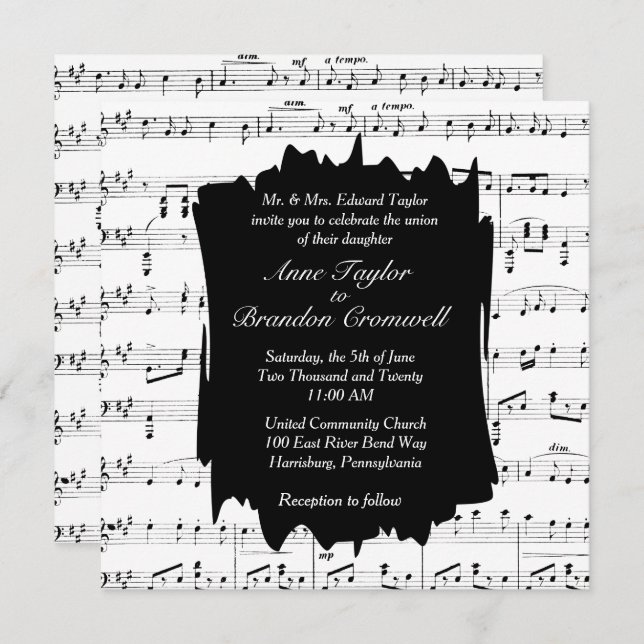 Black and White Music Theme Wedding Invitation (Front/Back)
