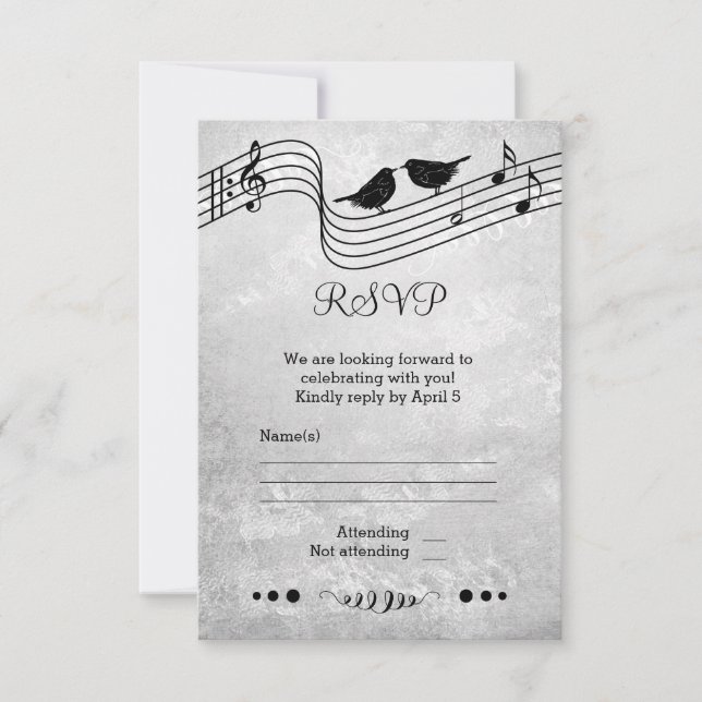 Black and White Music Themed Wedding RSVP Card (Front)