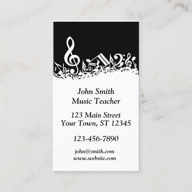 Black and White Musical Notes Business Card (Front)