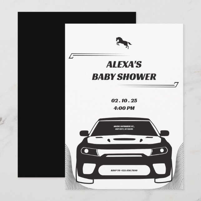Black and white Mustang Car Baby Shower Invitation (Front/Back)