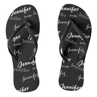 Black and white name pattern flip flops