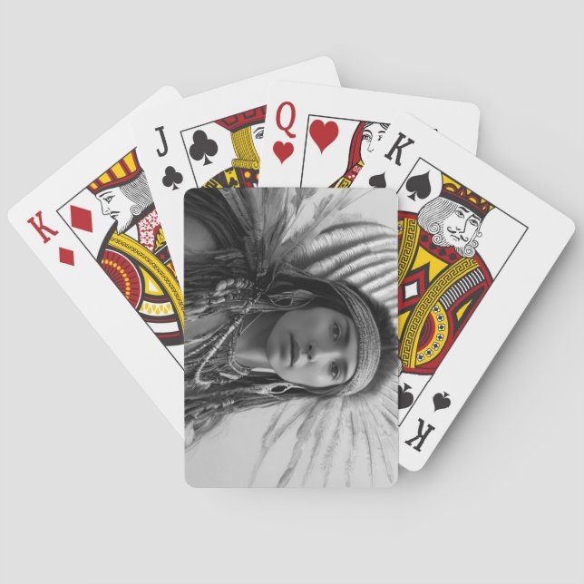 Black and White Native American Warrior Princess Playing Cards (Back)