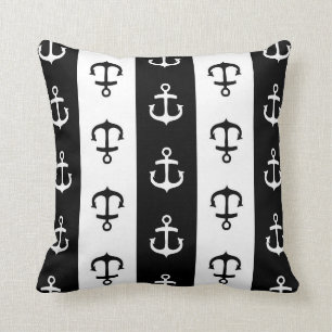 Black and White Nautical Anchor Decorative Pillow
