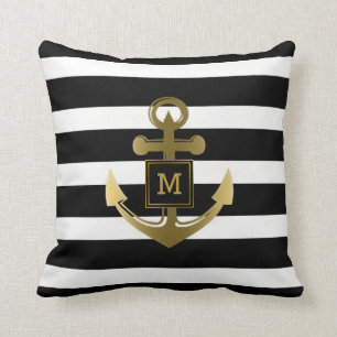 Black and White Nautical Anchor Striped Monogram Cushion