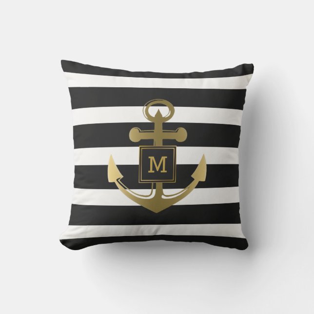 Black and White Nautical Anchor Striped Monogram Outdoor Cushion (Front)