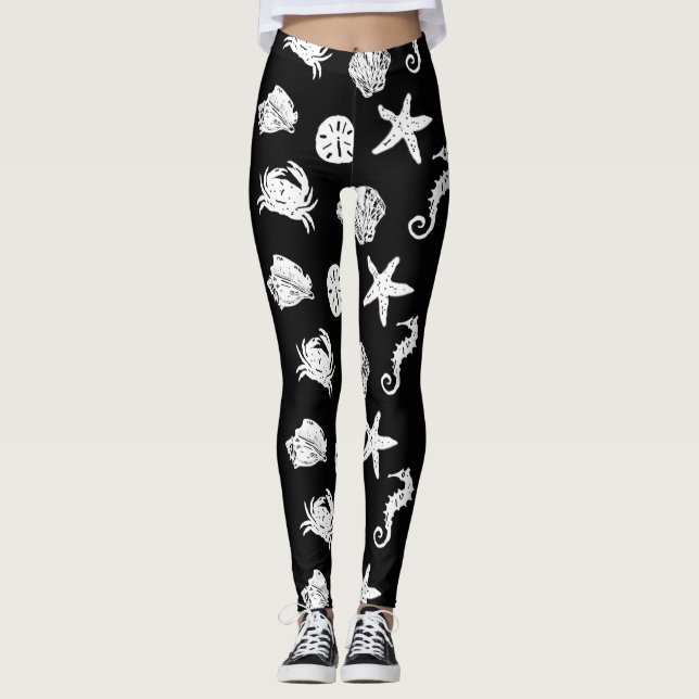 Black and White Nautical Sea Creatures Beach Theme Leggings (Front)