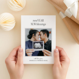 Black and White New Year New Blessings Pregnancy Holiday Card