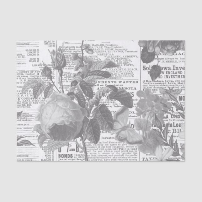 Black and White Newspaper Floral Ephemera Tissue Paper (Front)