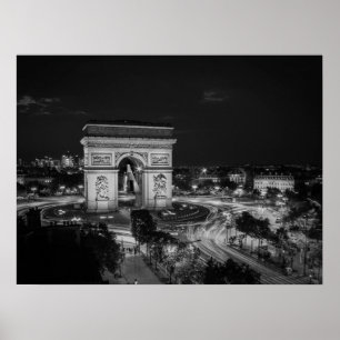 Black and White Night Photo Arc de Triomphe Paris Poster