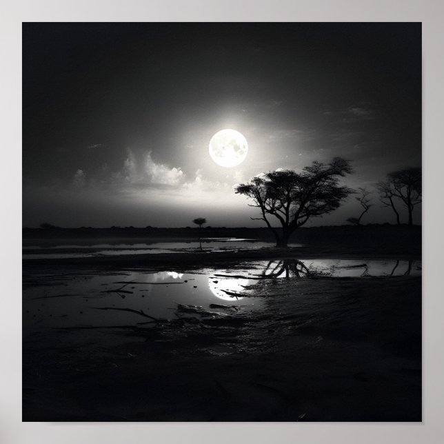 Black and white noir photo moon landscape Poster (Front)