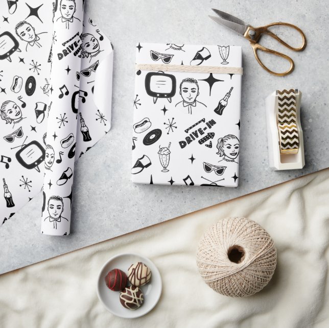 Black and White Nostalgic Retro 1950's Style   Wrapping Paper (Crafts)