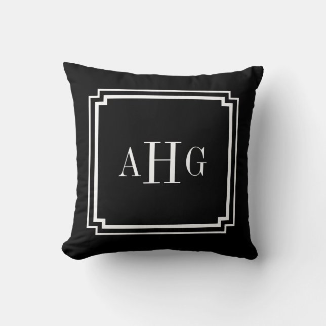 Black and White Notched Corner Custom Monogram Cushion (Front)