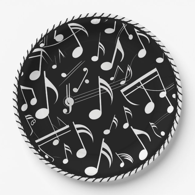 Black and White Notes Pattern Paper Plate (Front)