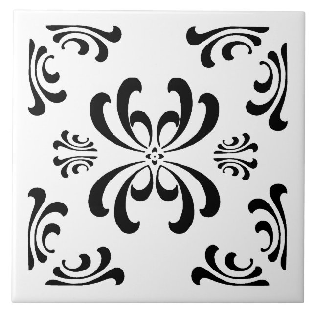 Black and White Nouveau Flourish Ceramic Tile (Front)