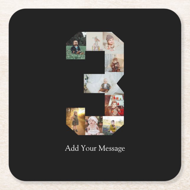 Black and White Number 3 Photo Collage Square Paper Coaster (Front)