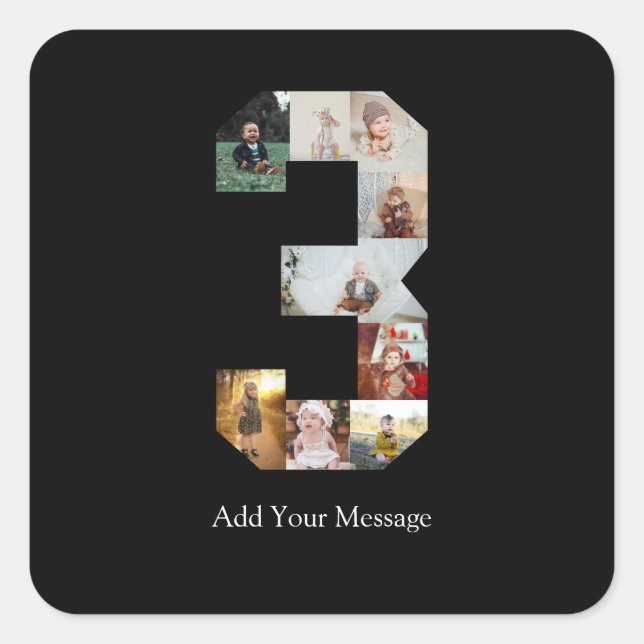 Black and White Number 3 Photo Collage Square Sticker (Front)
