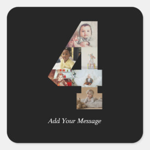 Black and White Number 4 Photo Collage Square Sticker