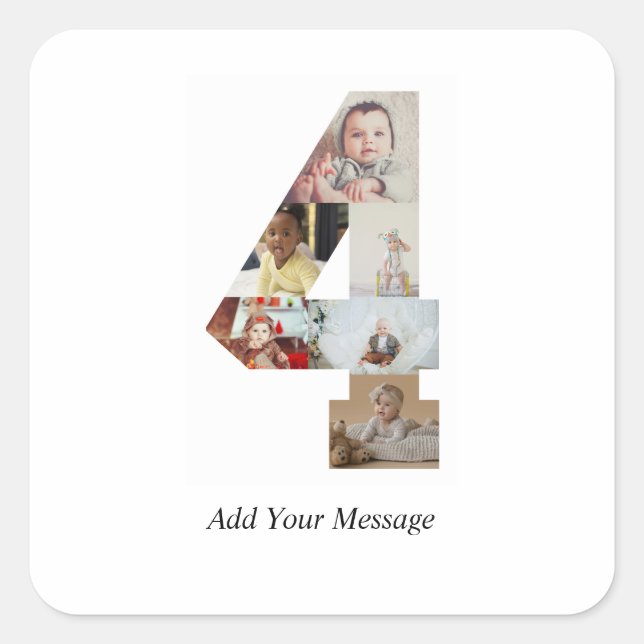 Black and White Number 4 Photo Collage Square Sticker (Front)