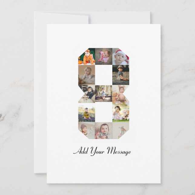 Black and White Number 8 Photo Collage Announcement (Front)