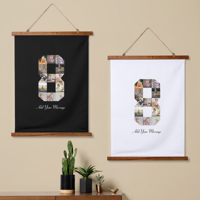 Black and White Number 8 Photo Collage Hanging Tapestry (Asymmetrical)