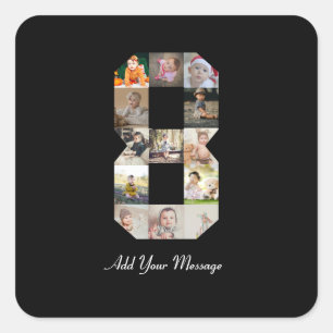 Black and White Number 8 Photo Collage Square Sticker