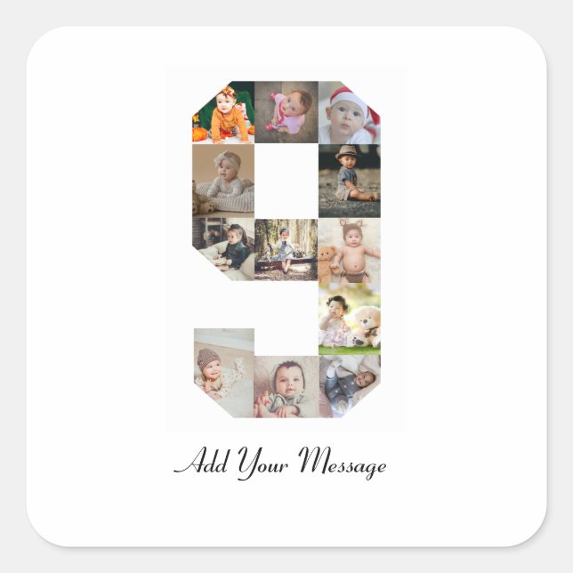 Black and White Number 9 Photo Collage Square Sticker (Front)
