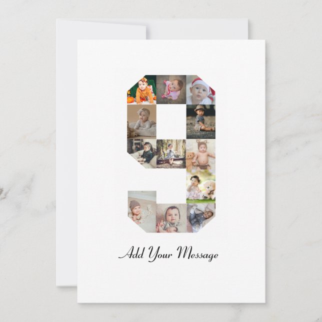 Black and White Number 9 Photo Collage Thank You Card (Front)