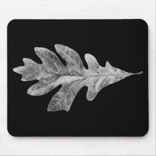 Black and White Oak Leaf Pad with black background Mouse Mat