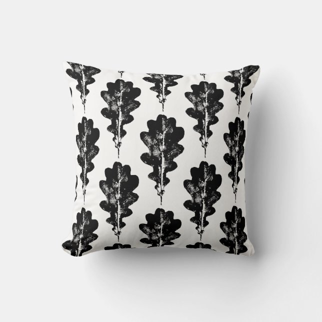 Black and White Oak Leaf Print Pattern Cushion (Front)