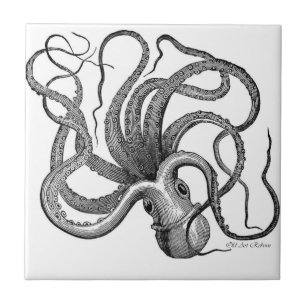 Black And White Octopus Ceramics Tile