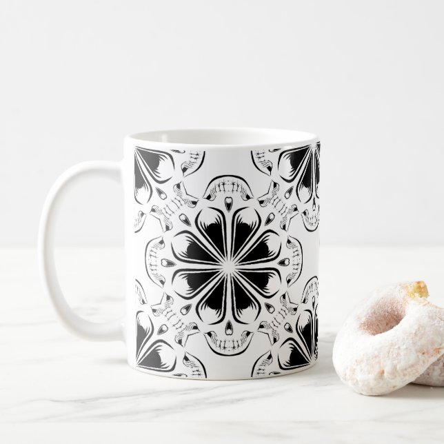 Black and White Octoskull in Geometric Pattern Coffee Mug (With Donut)